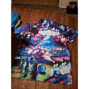 Mens Large Bowling Shirt Short Sleeve Button Front Collar Pocket Two Sided Print